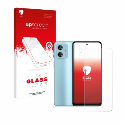 Face avant d’un emballage produit avec le logo de la marque upscreen. À côté, l’appareil Motorola Moto G54 (Avant+Caméra) est 