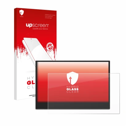 Face avant d’un emballage produit avec le logo de la marque upscreen. À côté, l’appareil Lenovo L15 (15,6") est représenté ave