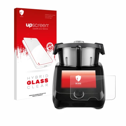 Face avant d’un emballage produit avec le logo de la marque upscreen. À côté, l’appareil SilverCrest Monsieur Cuisine Smart BL