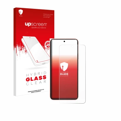 Face avant d’un emballage produit avec le logo de la marque upscreen. À côté, l’appareil Google Pixel 8 (case-friendly) est re