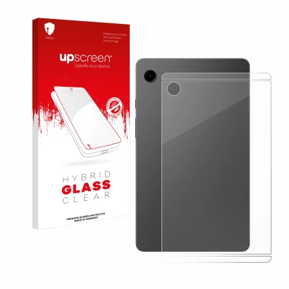 Face avant d’un emballage produit avec le logo de la marque upscreen. À côté, l’appareil Samsung Galaxy Tab A9 WiFi (Arrière) 