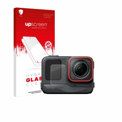 Face avant d’un emballage produit avec le logo de la marque upscreen. À côté, l’appareil Insta360 Ace Pro (Affichage avant) es