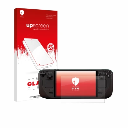 Face avant d’un emballage produit avec le logo de la marque upscreen. À côté, l’appareil Valve Steam Deck OLED est représenté 