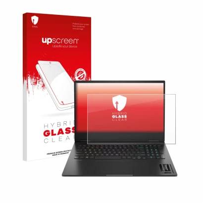 Face avant d’un emballage produit avec le logo de la marque upscreen. À côté, l’appareil HP Omen 16 2024 est représenté avec l