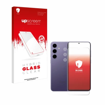 Face avant d’un emballage produit avec le logo de la marque upscreen. À côté, l’appareil Samsung Galaxy S24 Plus (Avant+Caméra