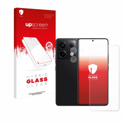 Face avant d’un emballage produit avec le logo de la marque upscreen. À côté, l’appareil Xiaomi Redmi Note 13 Pro 5G (Avant+Ca