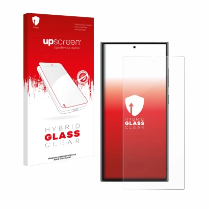 Face avant d’un emballage produit avec le logo de la marque upscreen. À côté, l’appareil Samsung Galaxy S24 Ultra est représen