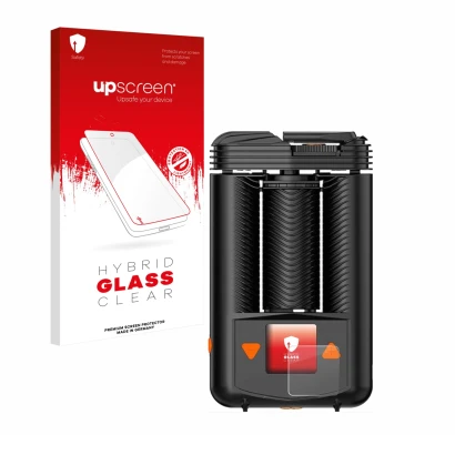 Face avant d’un emballage produit avec le logo de la marque upscreen. À côté, l’appareil Storz & Bickel Mighty + est représent