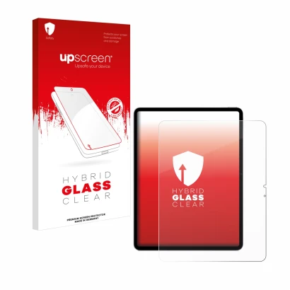 Face avant d’un emballage produit avec le logo de la marque upscreen. À côté, l’appareil Apple iPad Air 13" M2 WiFi 2024 est r