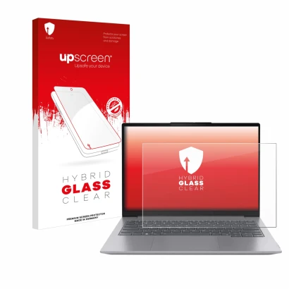 Face avant d’un emballage produit avec le logo de la marque upscreen. À côté, l’appareil Lenovo ThinkBook 16 Gen 6 est représe