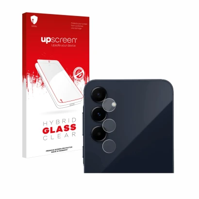 Face avant d’un emballage produit avec le logo de la marque upscreen. À côté, l’appareil Samsung Galaxy A55 5G (Caméra UNIQUEM