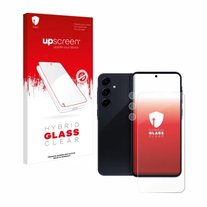 Face avant d’un emballage produit avec le logo de la marque upscreen. À côté, l’appareil Samsung Galaxy A55 5G (Avant+Caméra) 