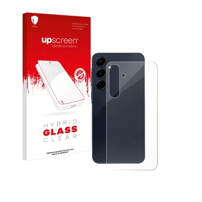 Face avant d’un emballage produit avec le logo de la marque upscreen. À côté, l’appareil Samsung Galaxy A55 5G (Arrière) est r