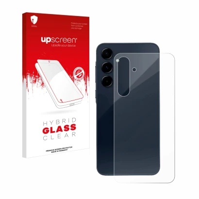 Face avant d’un emballage produit avec le logo de la marque upscreen. À côté, l’appareil Samsung Galaxy A35 5G (Arrière) est r