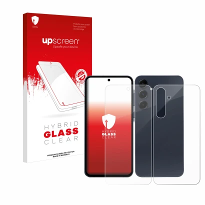 Face avant d’un emballage produit avec le logo de la marque upscreen. À côté, l’appareil Samsung Galaxy A35 5G (Avant+Arrière)
