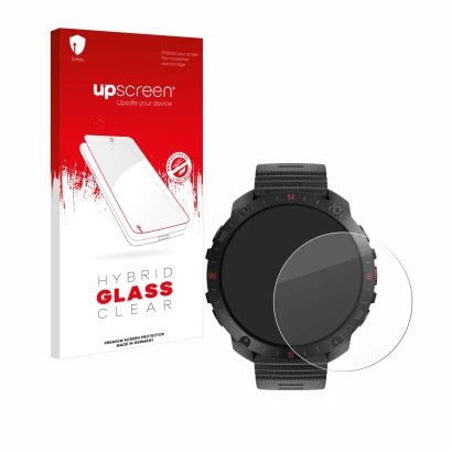 Face avant d’un emballage produit avec le logo de la marque upscreen. À côté, l’appareil Polar Grit X2 Pro est représenté avec