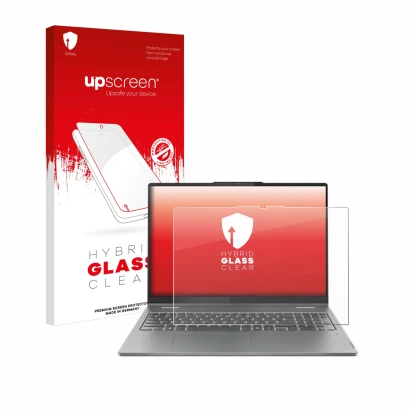 Face avant d’un emballage produit avec le logo de la marque upscreen. À côté, l’appareil Lenovo IdeaPad 5 2-in-1 Gen 9 16" est
