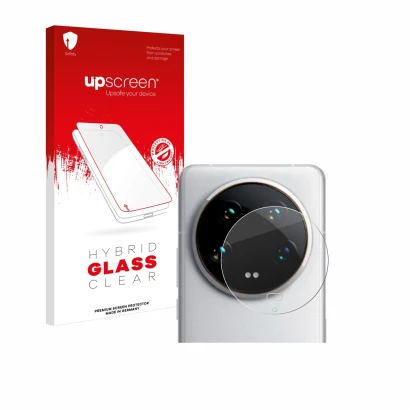 Face avant d’un emballage produit avec le logo de la marque upscreen. À côté, l’appareil Xiaomi 14 Ultra (Caméra UNIQUEMENT) e