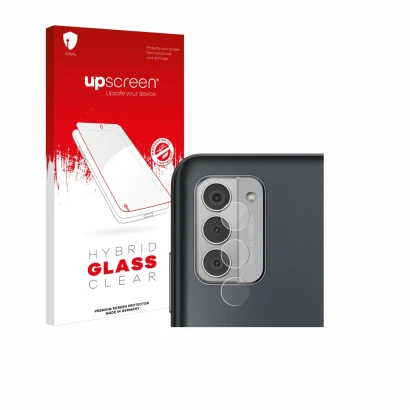 Face avant d’un emballage produit avec le logo de la marque upscreen. À côté, l’appareil Nokia G42 5G (Caméra UNIQUEMENT) est