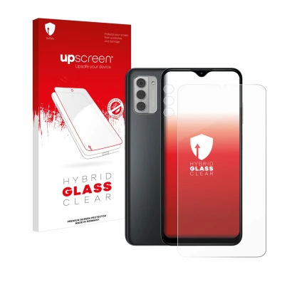 Face avant d’un emballage produit avec le logo de la marque upscreen. À côté, l’appareil Nokia G42 5G (Avant+Caméra) est repré
