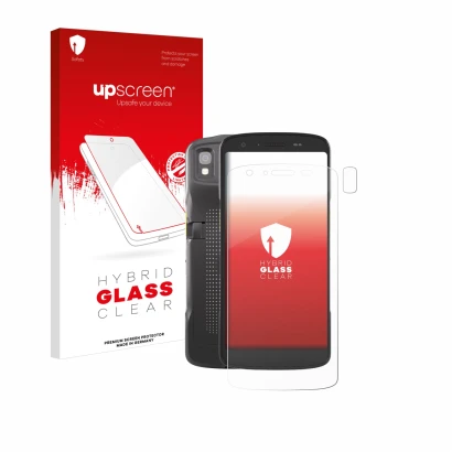 Face avant d’un emballage produit avec le logo de la marque upscreen. À côté, l’appareil Zebra TC22 (Avant+Caméra) est représe