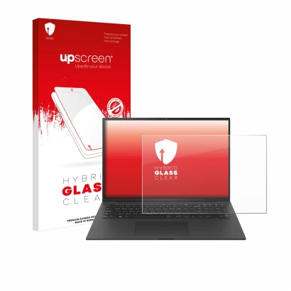 Face avant d’un emballage produit avec le logo de la marque upscreen. À côté, l’appareil LG gram Pro 17 2024 est représenté av