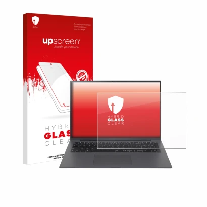 Face avant d’un emballage produit avec le logo de la marque upscreen. À côté, l’appareil LG gram 17" 2024 est représenté avec 