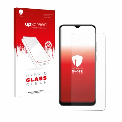 Face avant d’un emballage produit avec le logo de la marque upscreen. À côté, l’appareil Blackview A70 Pro est représenté avec