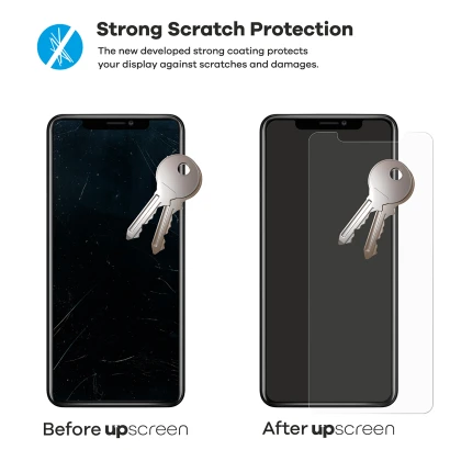 2 smartphones – l’un avec upscreen, l’autre sans. Chacun est accompagné de 2 clés. Le smartphone sans upscreen est fortement r