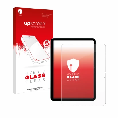 Face avant d’un emballage produit avec le logo de la marque upscreen. À côté, l’appareil Apple iPad Air 11" M2 2024 est représ