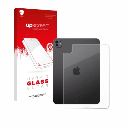 Face avant d’un emballage produit avec le logo de la marque upscreen. À côté, l’appareil Apple iPad Pro 11" 2024 (Arrière) est