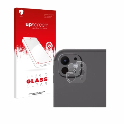 Face avant d’un emballage produit avec le logo de la marque upscreen. À côté, l’appareil Apple iPad Pro 11" 2024 (Caméra UNIQU