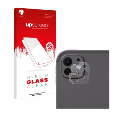 Face avant d’un emballage produit avec le logo de la marque upscreen. À côté, l’appareil Apple iPad Pro 13" 2024 (Caméra UNIQU