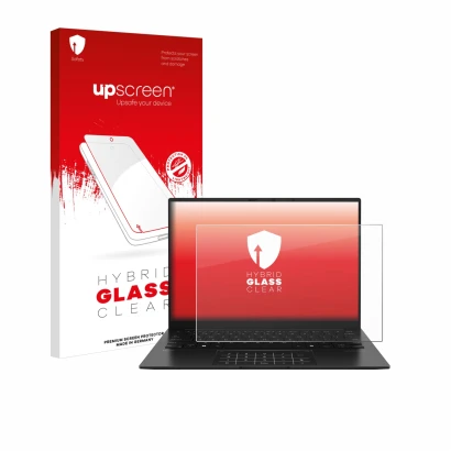 Face avant d’un emballage produit avec le logo de la marque upscreen. À côté, l’appareil ASUS ZenBook 14 OLED UM3406 est repré