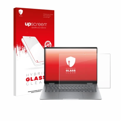 Face avant d’un emballage produit avec le logo de la marque upscreen. À côté, l’appareil HP Envy x360 14 2-in-1 est représenté