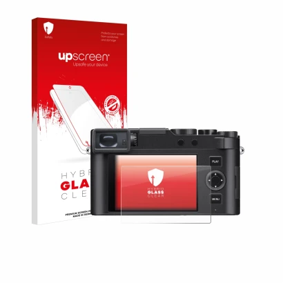 Face avant d’un emballage produit avec le logo de la marque upscreen. À côté, l’appareil Leica D-Lux 8 est représenté avec la 