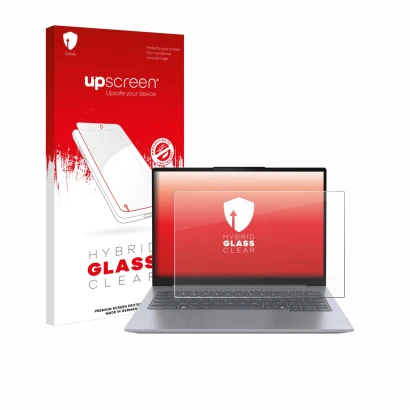 Face avant d’un emballage produit avec le logo de la marque upscreen. À côté, l’appareil Lenovo ThinkBook 14 Gen 7 est représe
