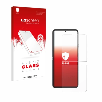 Face avant d’un emballage produit avec le logo de la marque upscreen. À côté, l’appareil Blackview Hero 10 (Affichage avant) e