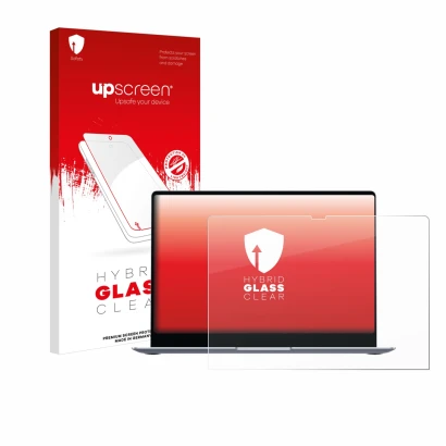 Face avant d’un emballage produit avec le logo de la marque upscreen. À côté, l’appareil Samsung Galaxy Book4 Edge 14