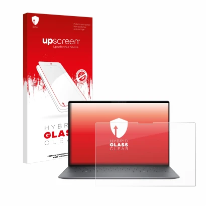 Face avant d’un emballage produit avec le logo de la marque upscreen. À côté, l’appareil Dell XPS 13 9345 est représenté avec 