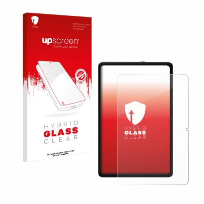 Face avant d’un emballage produit avec le logo de la marque upscreen. À côté, l’appareil Xiaomi Redmi Pad Pro 5G est représent
