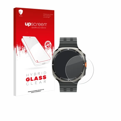 Face avant d’un emballage produit avec le logo de la marque upscreen. À côté, l’appareil Samsung Galaxy Watch Ultra (47 mm) es