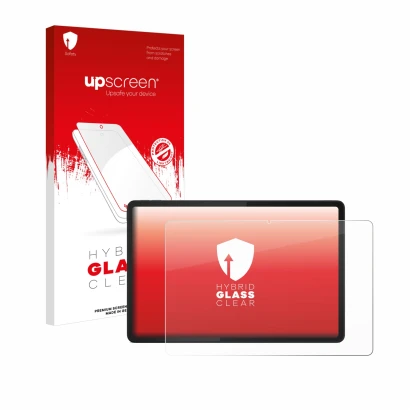 Face avant d’un emballage produit avec le logo de la marque upscreen. À côté, l’appareil Lenovo Tab K11 est représenté avec la
