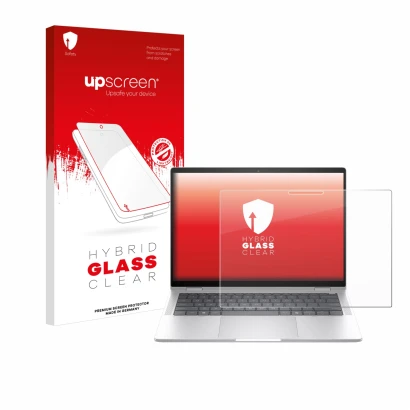 Face avant d’un emballage produit avec le logo de la marque upscreen. À côté, l’appareil HP EliteBook x360 1040 14 G11 2-in-1 