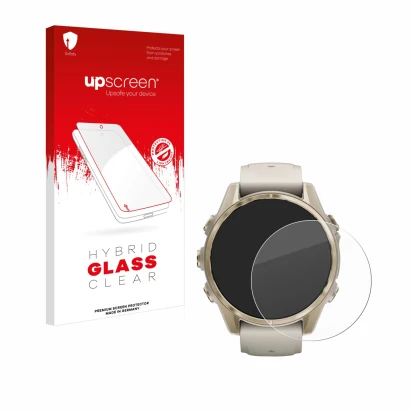 Face avant d’un emballage produit avec le logo de la marque upscreen. À côté, l’appareil Garmin Fenix 8 (43 mm) est représenté