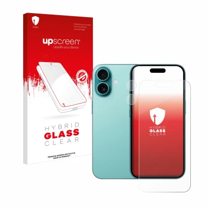 Face avant d’un emballage produit avec le logo de la marque upscreen. À côté, l’appareil Apple iPhone 16 (Avant+Caméra) est re