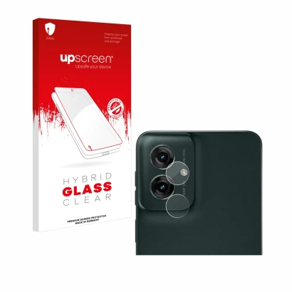 Face avant d’un emballage produit avec le logo de la marque upscreen. À côté, l’appareil Motorola Moto G55 (Caméra UNIQUEMENT)