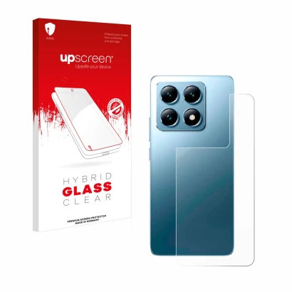 Face avant d’un emballage produit avec le logo de la marque upscreen. À côté, l’appareil Xiaomi 14T Pro (Arrière) est représen