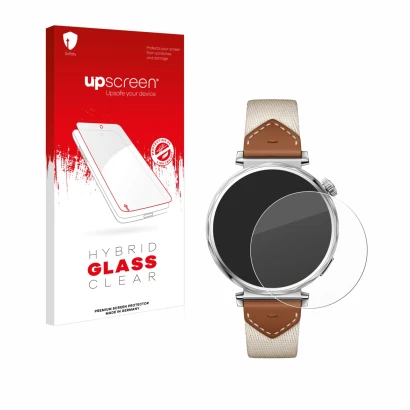 Face avant d’un emballage produit avec le logo de la marque upscreen. À côté, l’appareil Huawei Watch GT 5 (41 mm) est représe