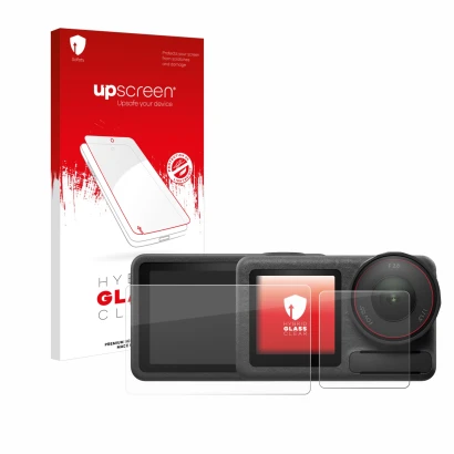 Face avant d’un emballage produit avec le logo de la marque upscreen. À côté, l’appareil DJI Osmo Action 5 Pro est représenté